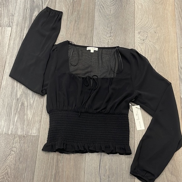 nine britton sheer black long puff sleeve scoop neck smocked peasant blouse-S - Picture 4 of 9